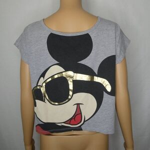 Disney Mickey Mouse Sunglasses Modest Crop Top T Shirt Mesh Back Small Grey Tee